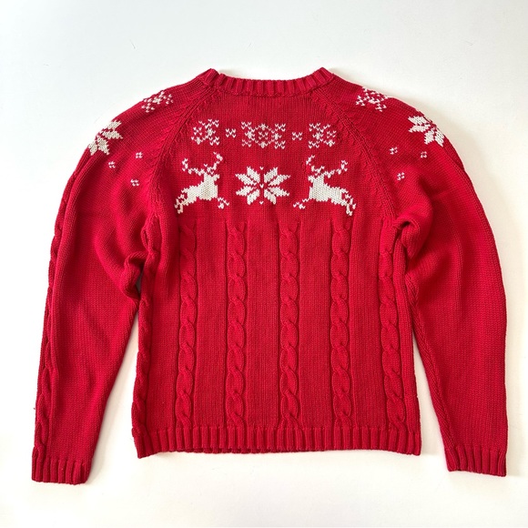 Lands’ End Classic Red Reindeer Cotton Crewneck Christmas Sweater - Picture 5 of 6